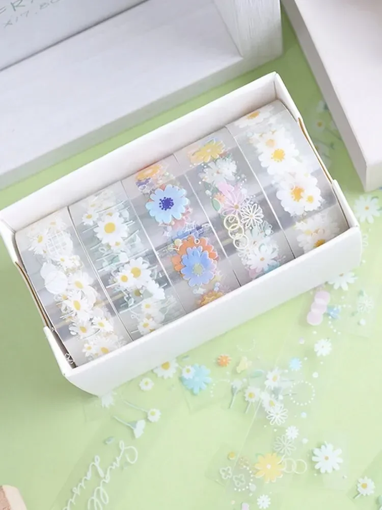 5 Rolls Transparent Decorative Tape PET Waterproof Self-Adhesive Flower Daisy Pattern Decorative Masking Sticker Clear Tape