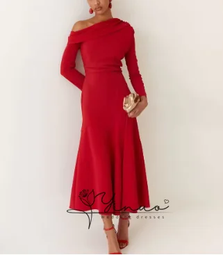 

Customized Short Red Evening Dresses Ruffles Mermaid Crepe Long Sleeve Pleated فساتين السهرة Tea Length Prom Dress