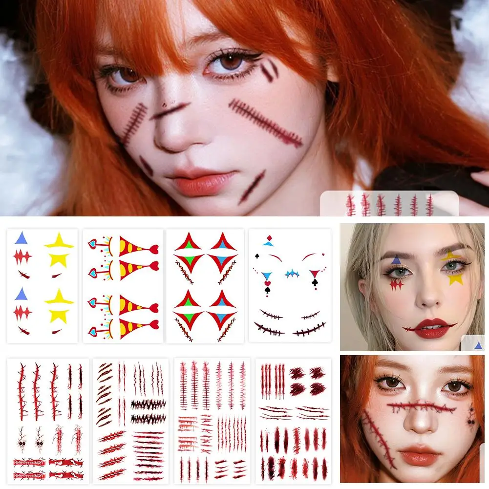 Stiker Tato Halloween, Stiker Wajah Sementara Halloween, Tato Makeup Luka Simulasi Gotik, Stiker Bekas Luka, Makeup Wajah E4V4