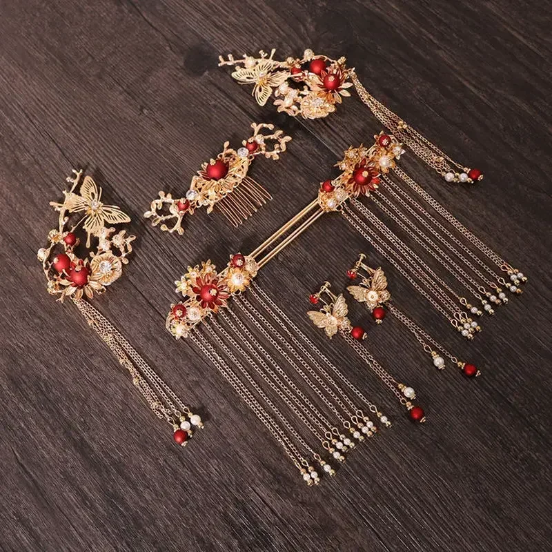 Ancient Chinese Style Women Long Tassel Step Shake Flower Hairpin Clip Hair Comb Earring Jewelry Bridal Headpiece Pin Accessorie