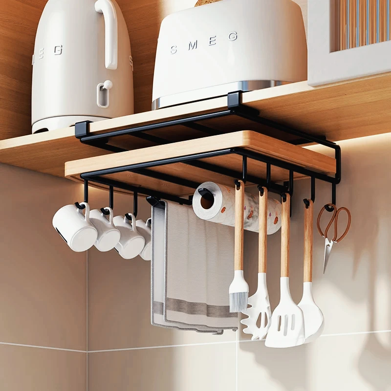 Kitchen Hanging Organizer Rack with Hooks Under Cupboard Paper Towel and Rags Hanger Cutting Board and Pot Cover Holder