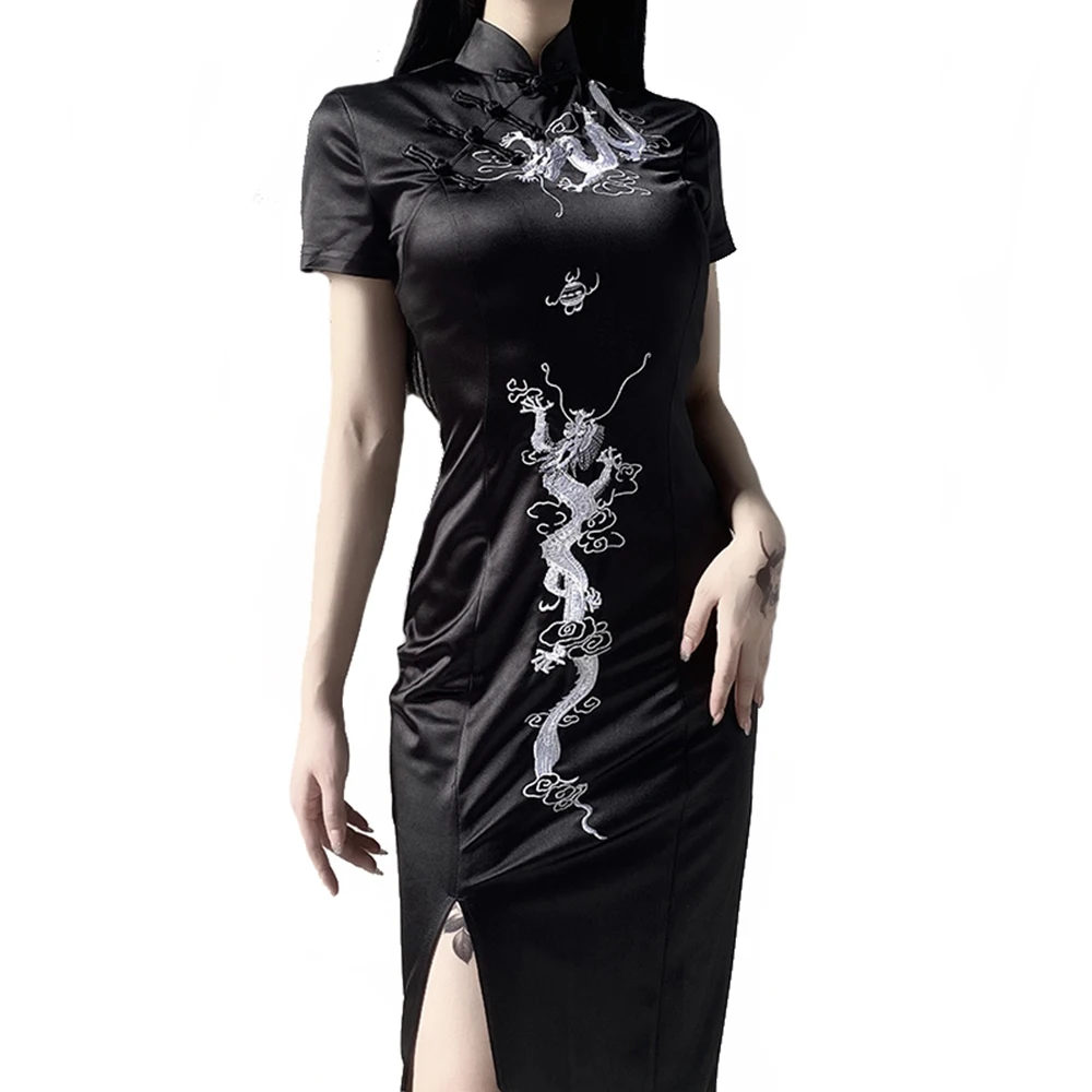 

Women Vintage Chinese Style Dragon Embroidered Cheongsam Gothic Qipao Retro Slit Grunge Cheongsam Short Sleeve Aesthetic Dresses