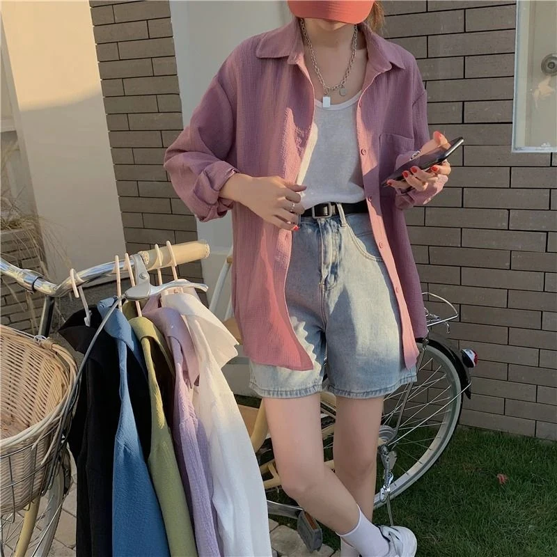 Harajuku Women Blouses Korean Oversized Solid Pleated Shirts Vintage White Green Basic Long Sleeve Casual Sunscreen Cardigan Top