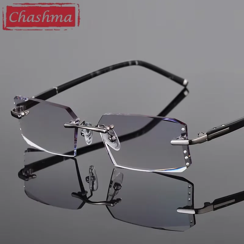 Chashma Luxury Tint Lenses Myopia and Reading Glasses Diamond Cutting Colored Sunglasses Rimless Prescription Glasses for Man