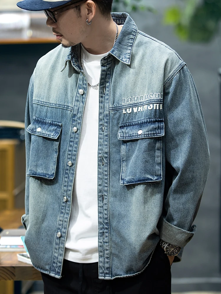 Retro American Long Sleeve Denim Shirt Men's Casual Loose Workwear Jacket Embroidered Cotton Polyester Blend Spring Wear