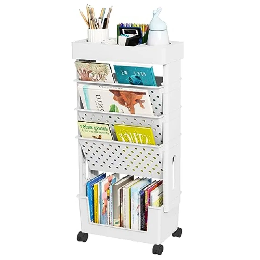 

5-Tier Mobile Bookshelf Rolling Bookcase Book Storage Rack Movable File Folder Organizer Cart with Wheels for Home Study Office