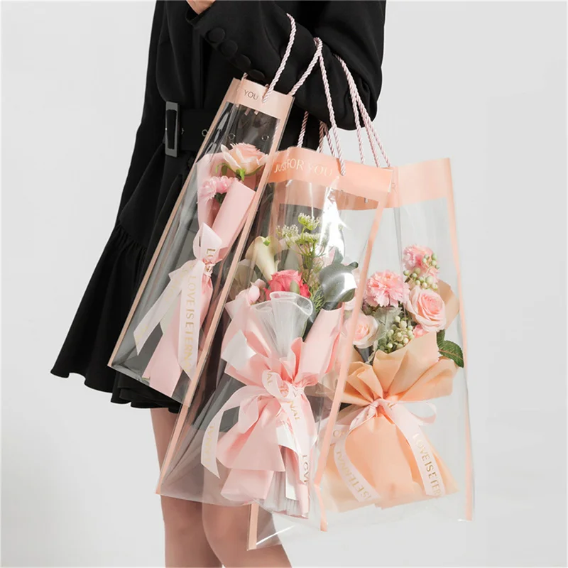 10Pcs Flower Packing Box Transparent Flower Bouquet Bagging Florist Decor Long Tote Clear Bag Collocation Packaging Bag S/M/L