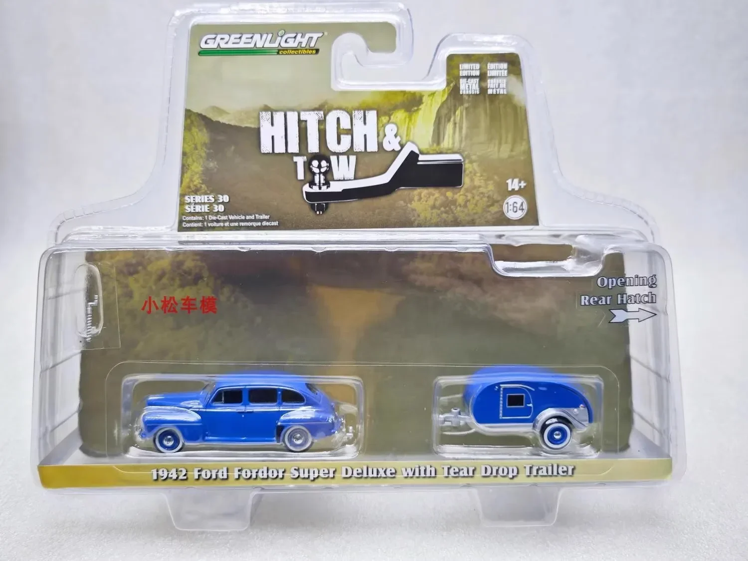 GreenLight 1:64 1942 Ford Fordor Super Deluxe With Tear Drop Trailer Diecast Alloy Car Model Collectible Gift