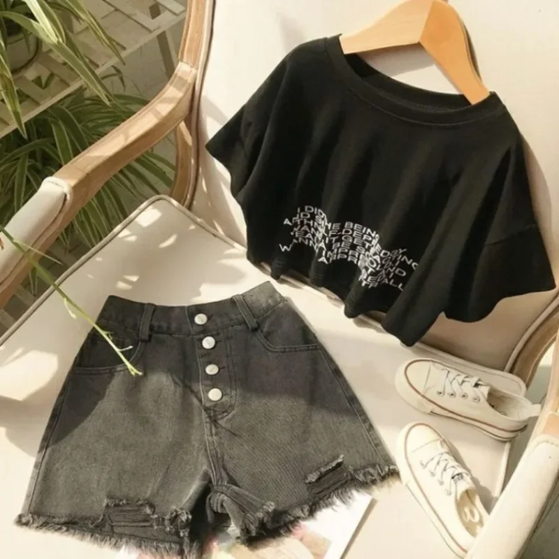 Girls' Distressed Jeans Summer Lightweight Black Stylish Versatile Casual Wear