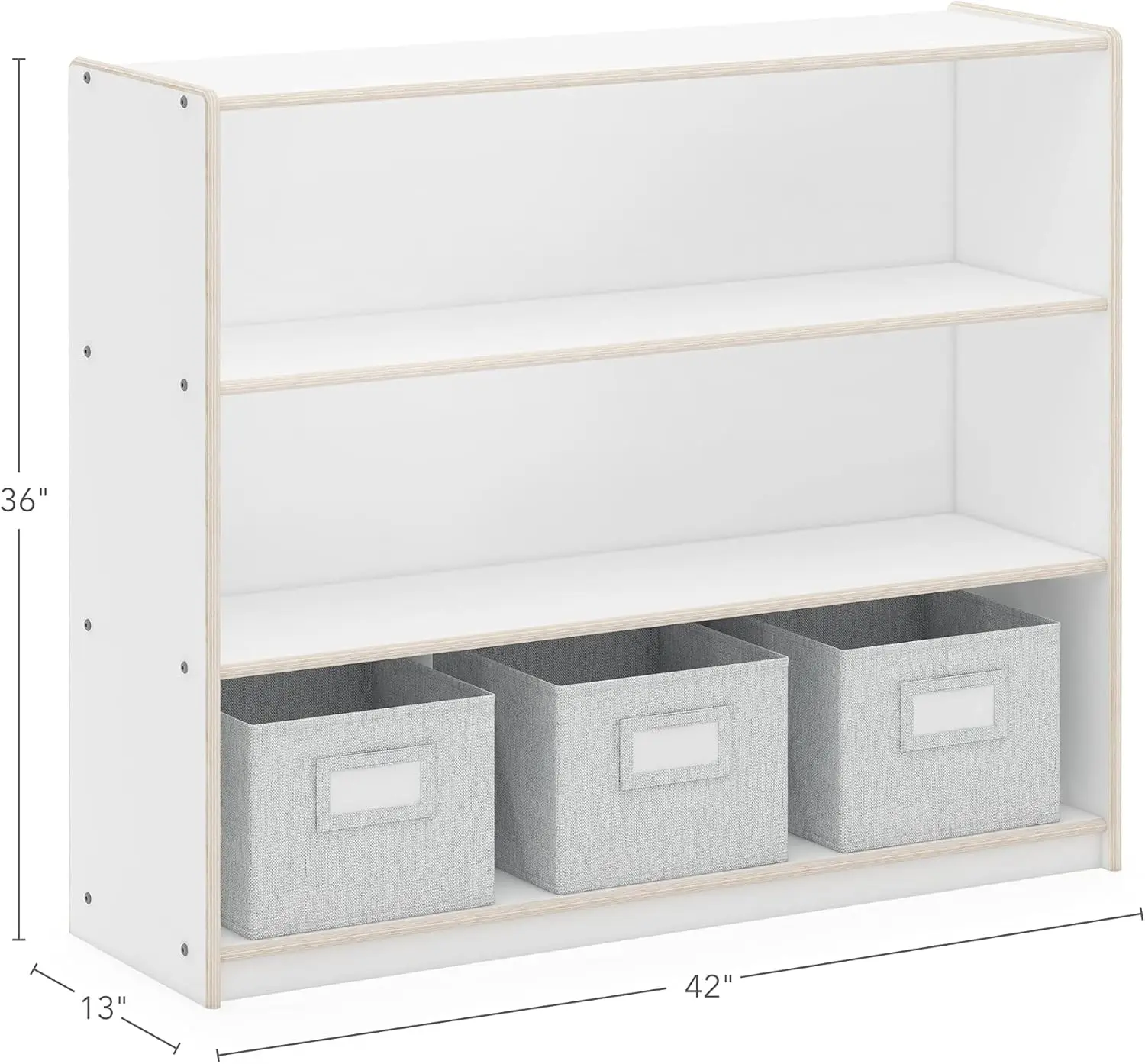 Three Shelf Open Storage White with 3 Fabric Bins: Wood Bookshelf and Toy Organizer for Kids and Teachers; School