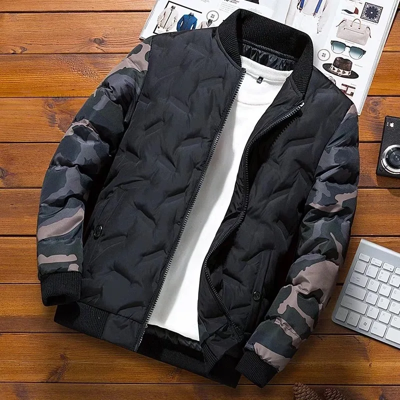 Camouflage Splicing Cotton Jacket For Men Autumn Winter Stand Collar Thicken Coat American Casual Fashion Male Warm Overcoat
