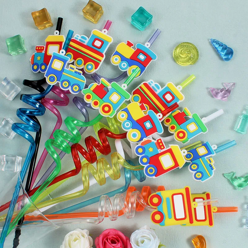 

12pcs Train-Themed Straw Set Reusable Colorful Spiral Straws PET Material, Food-Safe Perfect for Birthday Parties