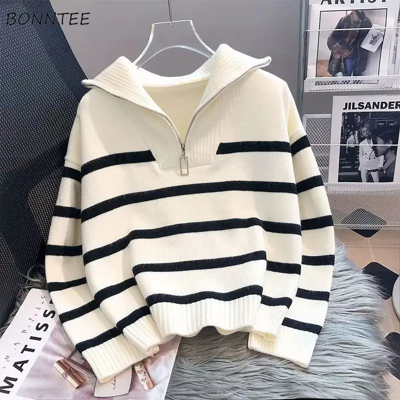 Striped Sweater Pullovers Women Loose Autumn Winter Zipper Casual Soft Harajuku Tender Sueter Mujer Classic Warm Cozy All-match