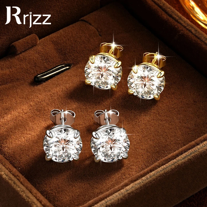Rrjzz Solitaire Round D-Color 3mm-9mm Moissanite Stud Ear for Men Women 0.1CT-3CT Lab Created Diamond Earrings GRA Jewelry Gifts