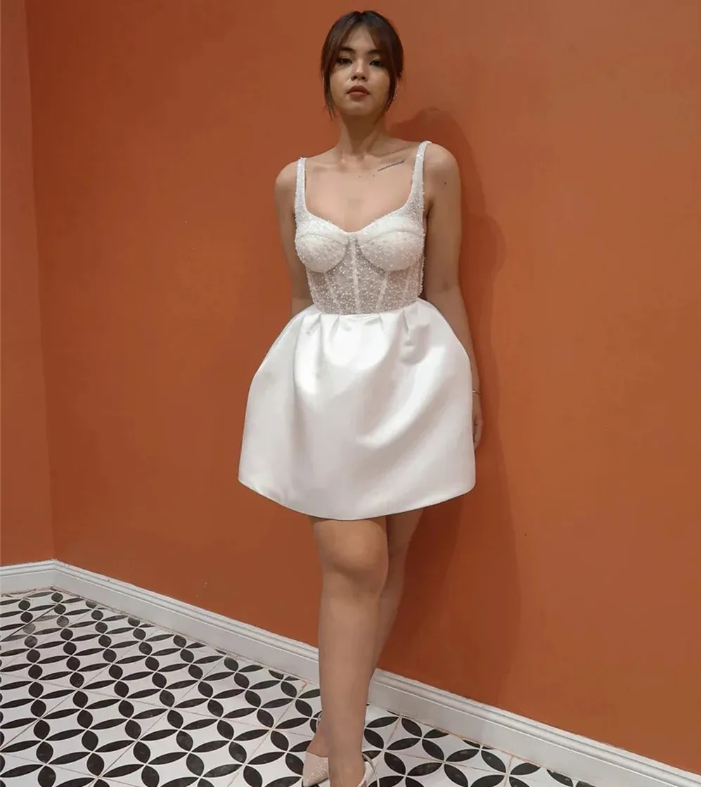 

Современное короткое свадебное платье 2026 с двумя бретелями, расшитое бисером и блестками, с открытой спиной, атласное свадебное платье для невесты, вечерние платья Robe De Mariage