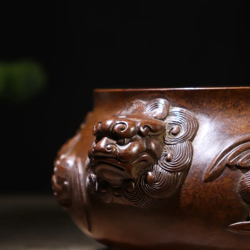 Copper ornament, Suzhou craftsmanship, five blessings lion ear , scripture incense burner, flat mou