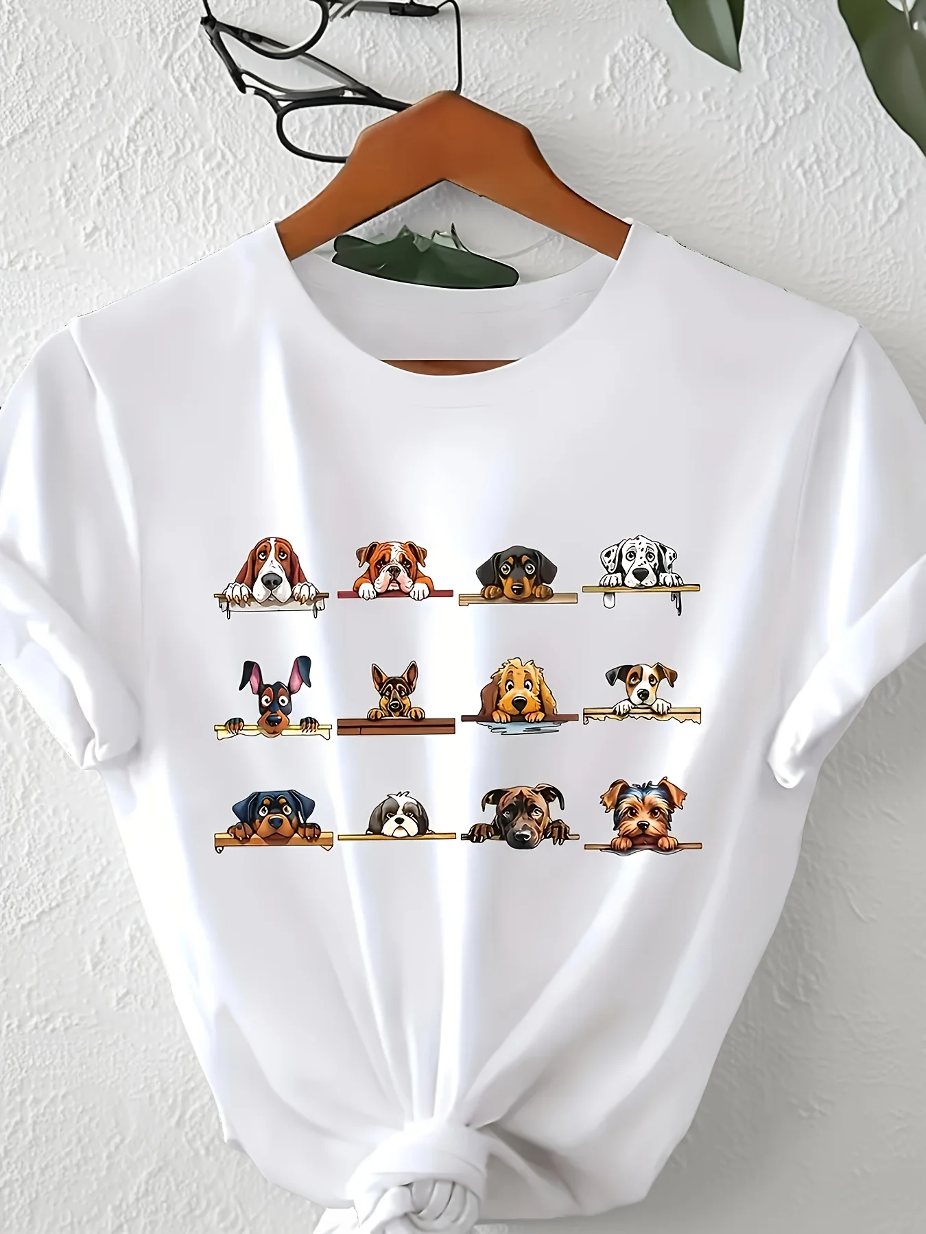 Women's Casual Short Sleeve T-Shirt Cute Dog Breed Pattern Print Round Neck T Shirt 90s Fashion Graphic Tees Tops Clothes Female