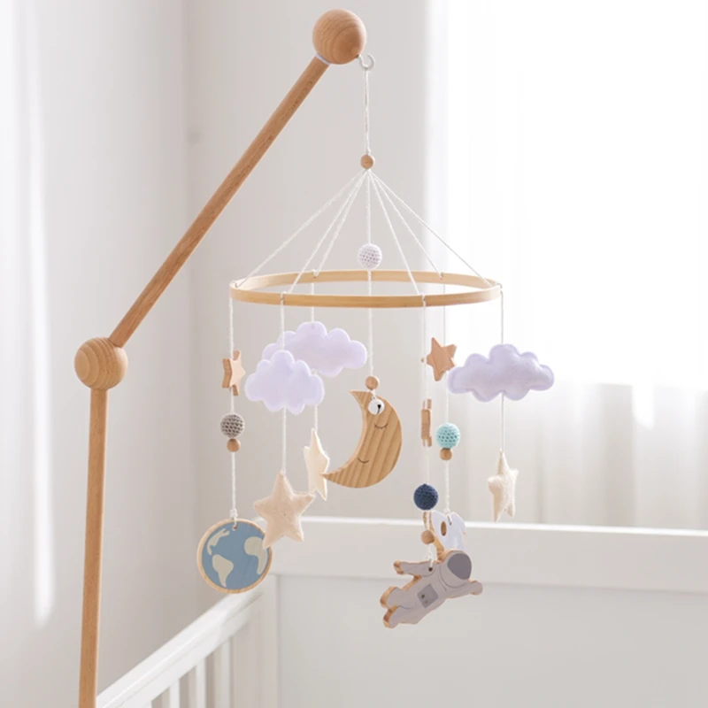 

Baby Crib Wooden Bed Bell Rattle Toys Mobile Spaceman Celestial Music Rattles Bed Bell Toys Holder Bracket For Newborn Gifts