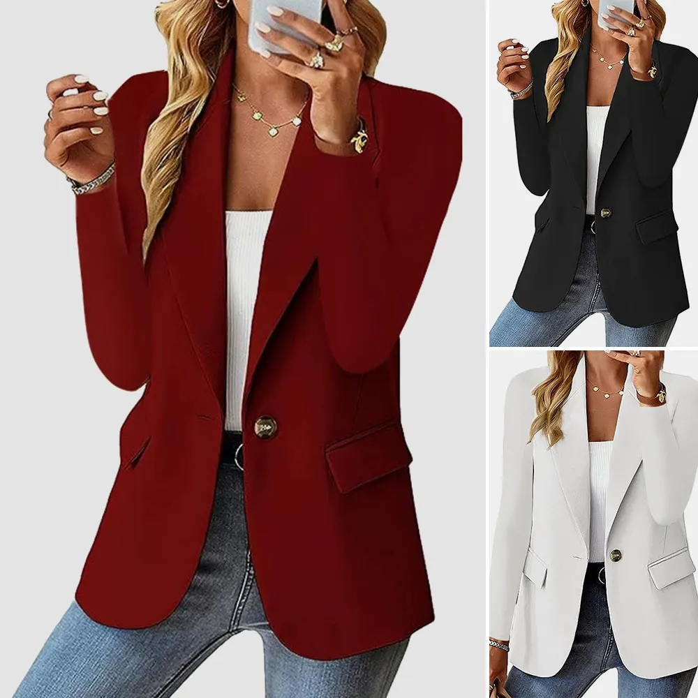 

Women's Spring Autumn Elegant Solied Color OL Blazer One Button Long Sleeve Workwear Business Slim Blazer Coat