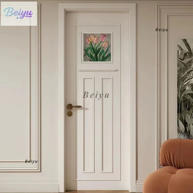 

Xiaohongshu same French wooden door, tulip flower window art glass, retro painted wooden door