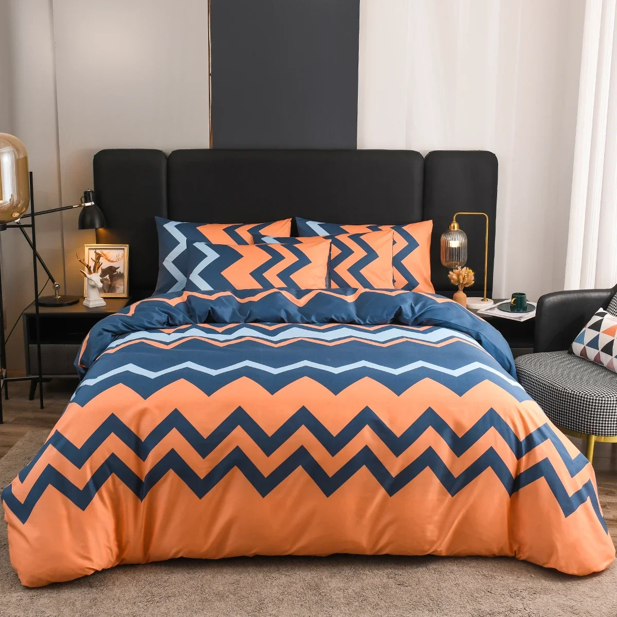 3 Pieces Comforter Set Retro Abstract Blue Orange Geometric Zig Zag Duvet Cover,Soft Texture Bedding Sets Queen King Double Size