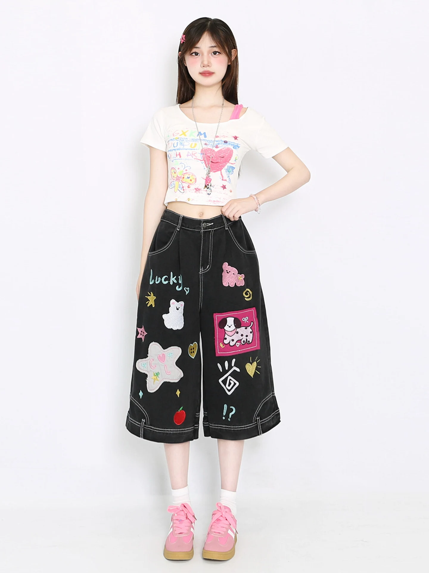 

Summer New American Retro Loose Fun Cartoon Embroidered Denim Seven-Foot Straight Wide-Leg orts Women High Waist Jeans