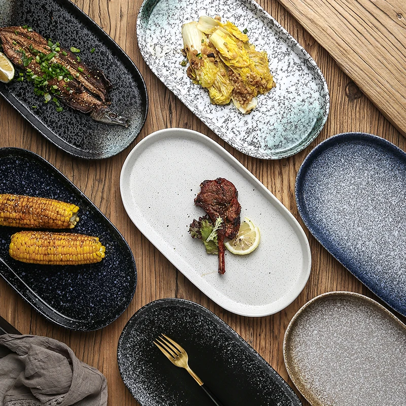 

Japanese-style Oval Dinner Plate Retro Restaurant Decoration Tableware Ceramics Fish Dish Home Use Kitchen Supplies