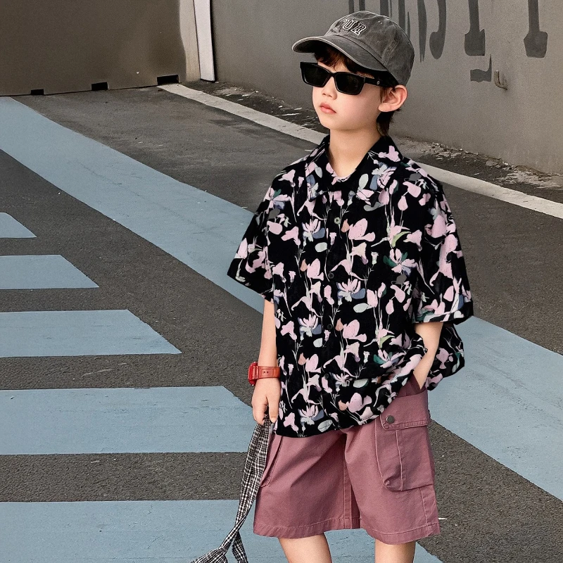 

Boys Summer Short Sleeve Shirt Kids Summer 2025 New Baby Floral Resort Style Shirt
