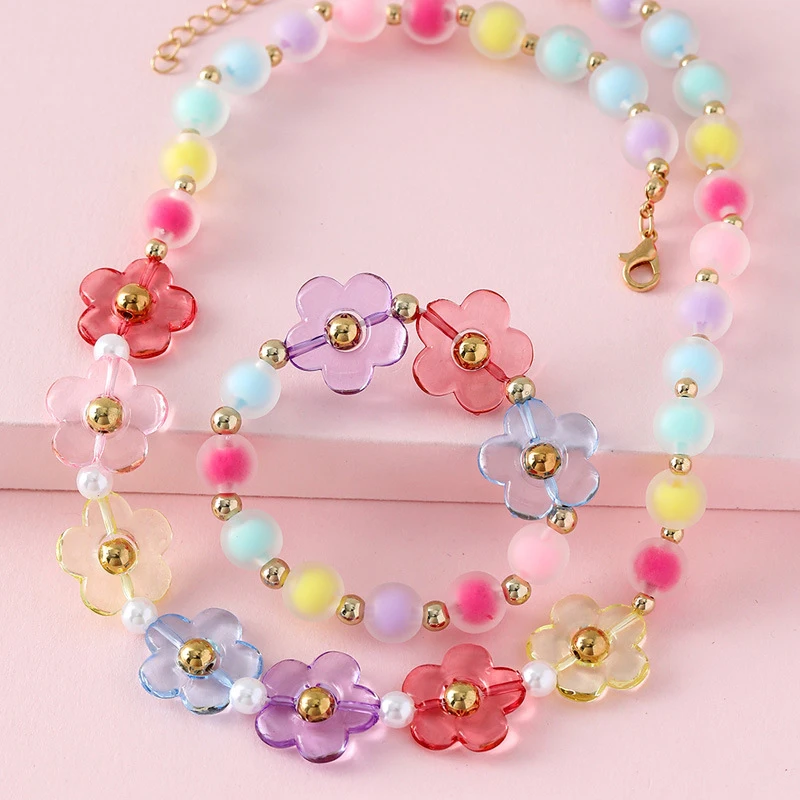 2Pack Princess Baby Girl Flower Beaded Chain Necklace with Bracelet Jewelry Set for Girls Daughter Party Birthday Gift