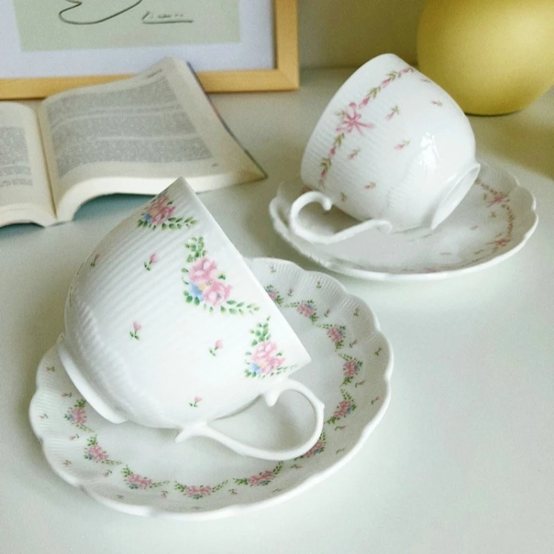 Vintage Flower Ceramic Mugs Relief Rose bow Tea Cup Coffee Cup and Saucer Hand Pinched Retro Relax Time Milk Tea Cups Breakfast