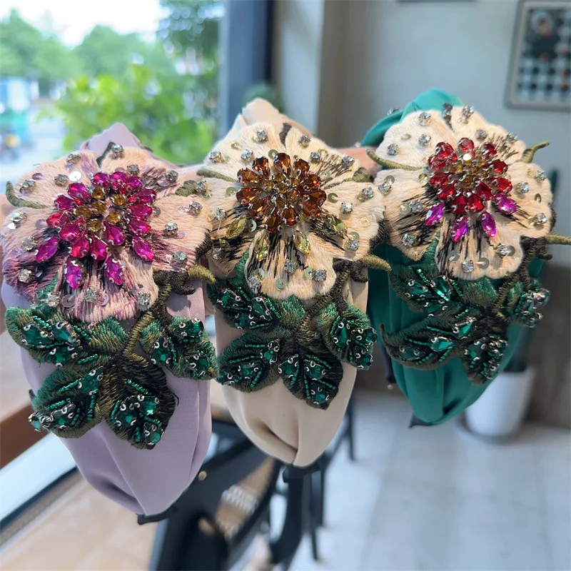 Pretty Boho Floral Embroidery Tape Headband for Lady Girls Shopping Party Headpiece Top Bow Knot Hairband for Women Head Wears