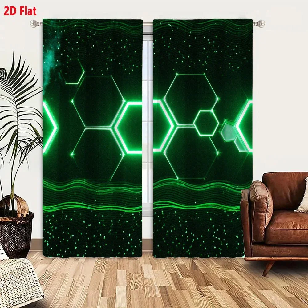 LED Neon Green Hexagon Pattern Curtain Backdrop for Modern Living Room Home Decor Curtain Window Treatment