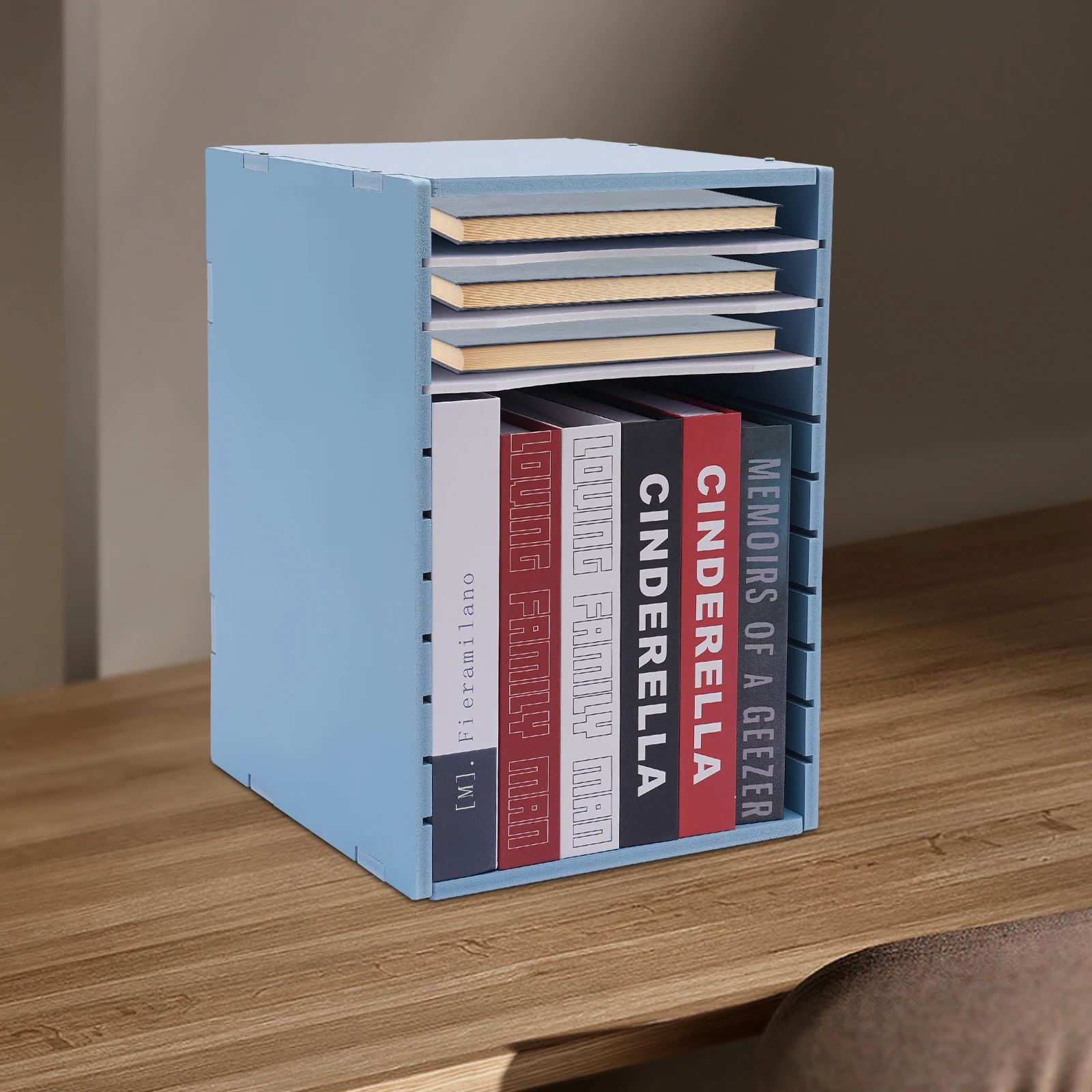 Organizzatore di file da tavolo verticale, vassoio di carta a 11 slot, blu, porta documenti formato lettera, forniture per lo studio, soluzione di archiviazione per ufficio