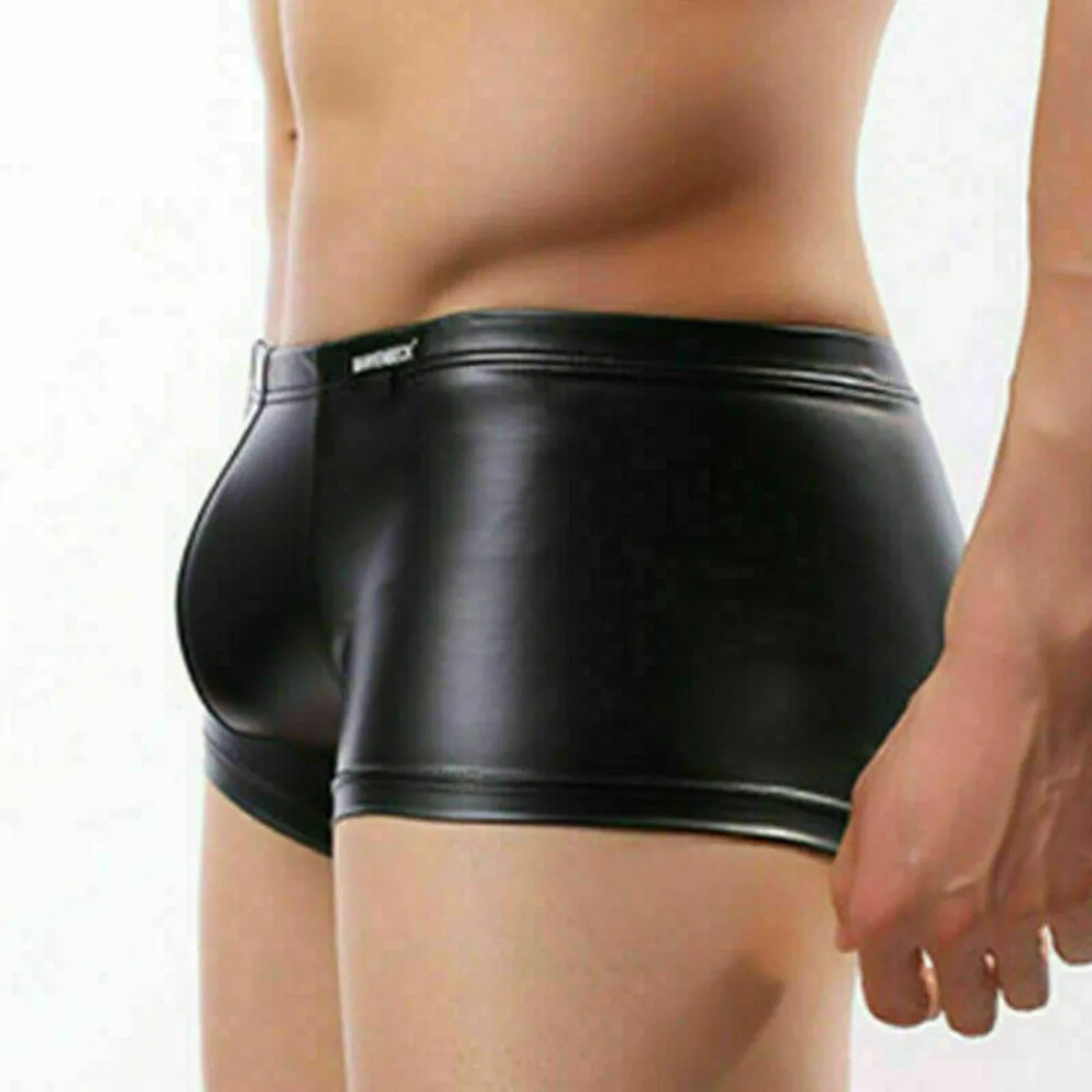

Elastic Waist Faux Leather Men Underwear Boxer Briefs Trunks Solid Color Fashion Wet Look Nightwear Bottoms Shorts
