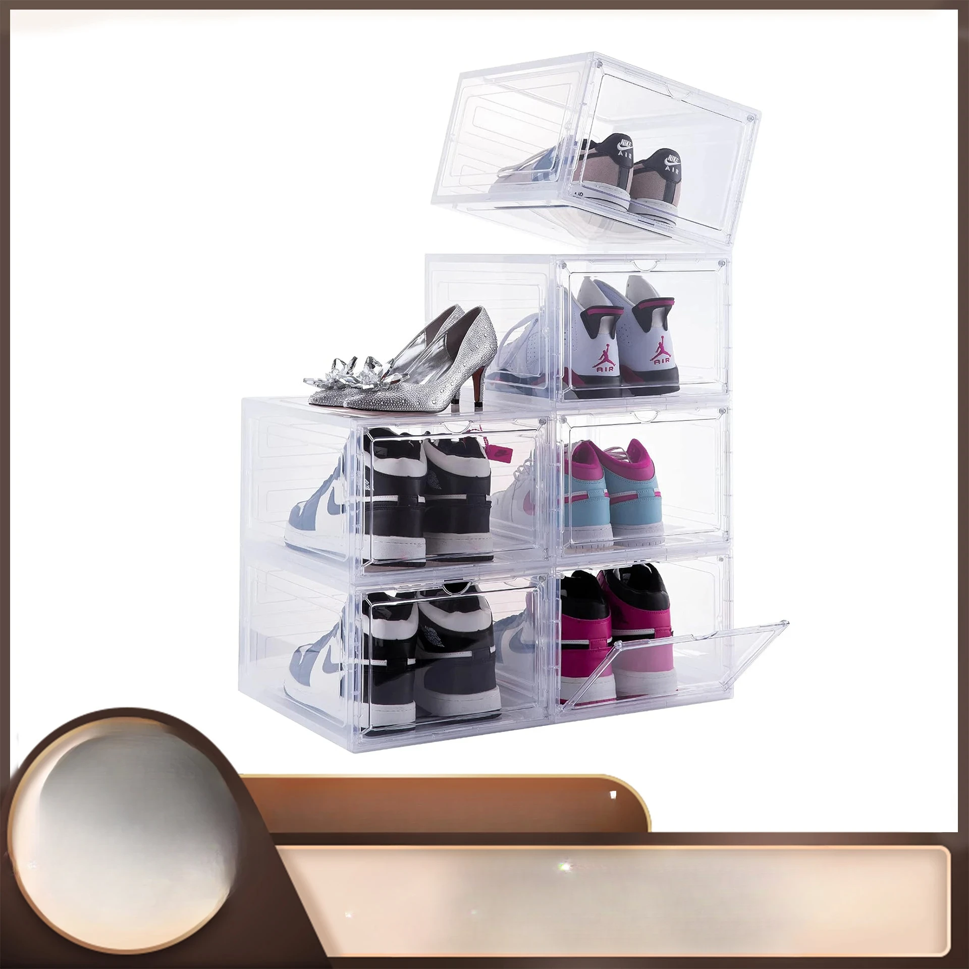 Transparent Japanese style plastic shoe box, foldable and stackable drawer style magnetic basketball shoe box storage box