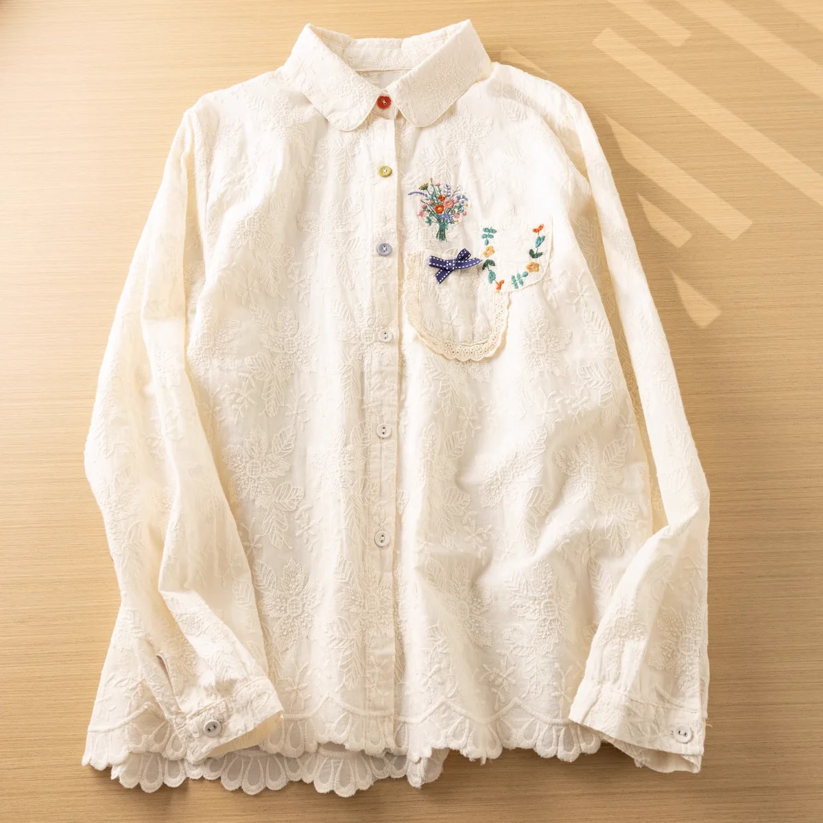 Autumn White Beige Shirt Women Japan Style Cotton Lace Flowers Embroidery Long Sleeve Shirts Mori Girl Lolita Blouse Tops