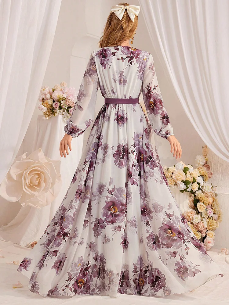 TOLEEN-Women's Floral Print Lantern Sleeve Dress, Belted Arabic Long Dress, Casual Elegant Dresses, Holiday Fashion, Summer 2024