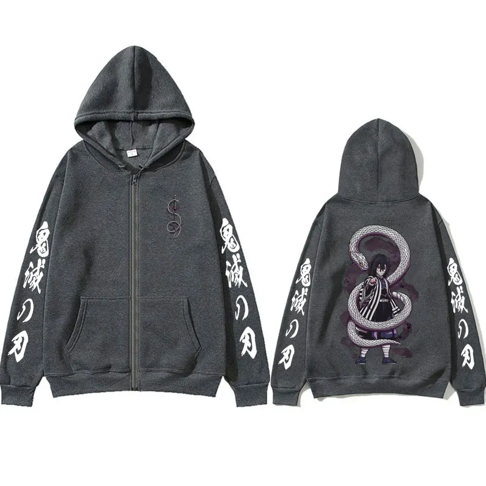 Anime Demon Slayer Serpent Hashira Iguro Obanai Graphic Print Zipper Hoodie Men Women Fashion Oversized Zip Up Jacket Sweatshirt