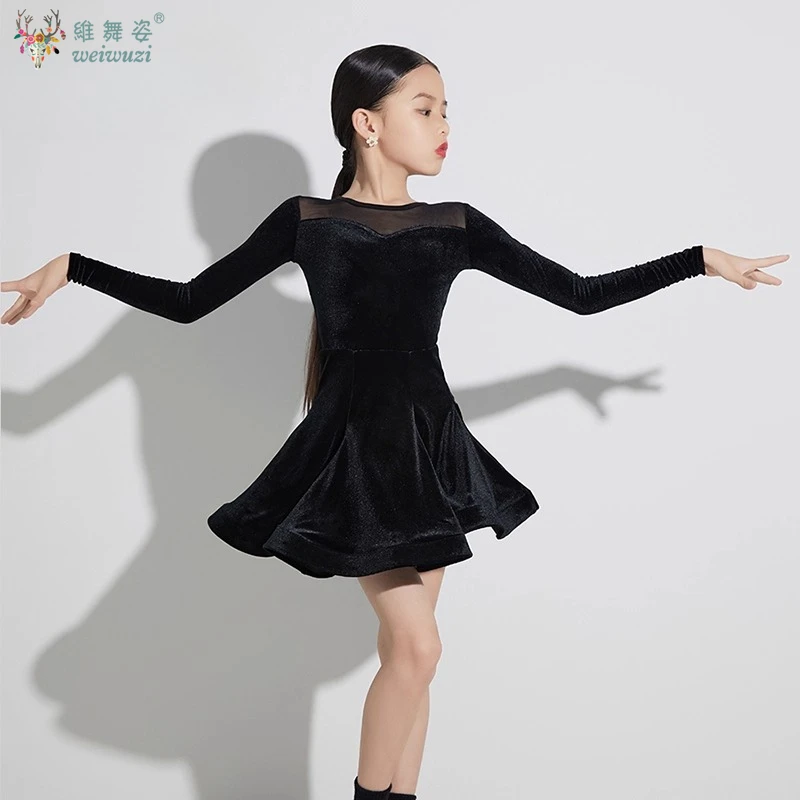 فستان ممارسة الرقص اللاتيني للفتيات بأكمام طويلة، تنورة كبيرة متأرجحة للأطفال، زي أداء المنافسة، تنورة رقص رومبا تانجو