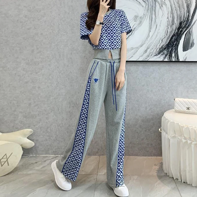 Women Clothing Print Y2K Streetwear Chic Crop Tops Korean Style High Waist Straight Wide Leg Pants Two Pieces Sets Summer Outfit