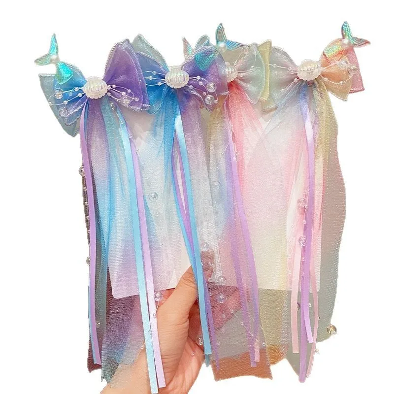 Baby Girls Mermaid Dress Up Hairpins Fishtail Shell Puprle Ribbon Headband Girl Bow Tie Braided Flower Hairpin Accessory HP01 view 5
