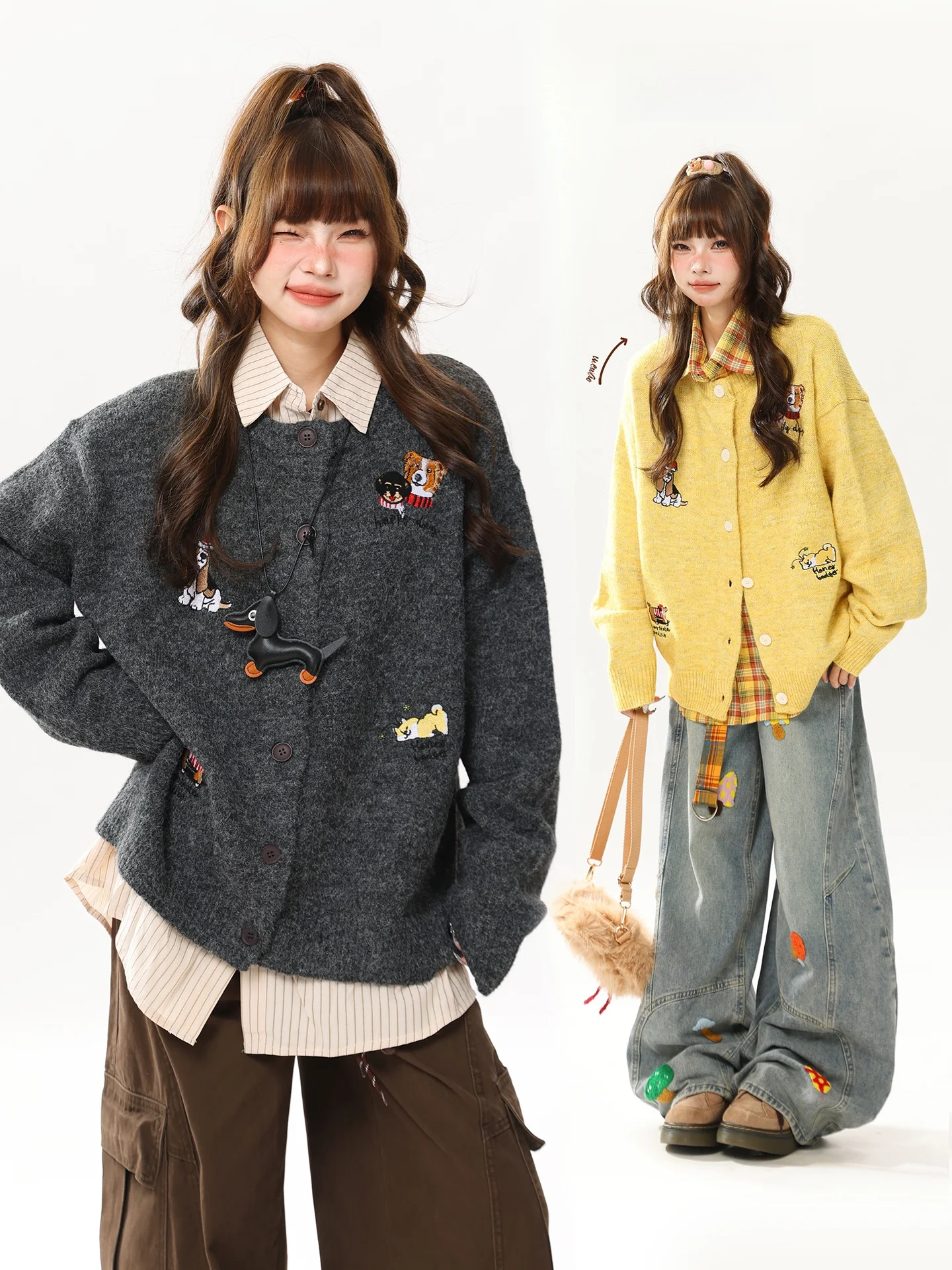 

Cute Dog Embroidery Korean Sle Loose Knitted Open Cardigan Women's Autumn New Vintage Sweater Jaet Warm Thermal Long Sve