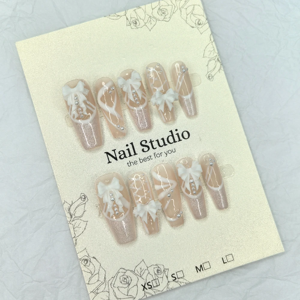 10 Pieces Elegant Wedding Princess Pearls Glitter Handmade Press On Nails 3D Bow French Ballet Fake Nails Removable Reusable