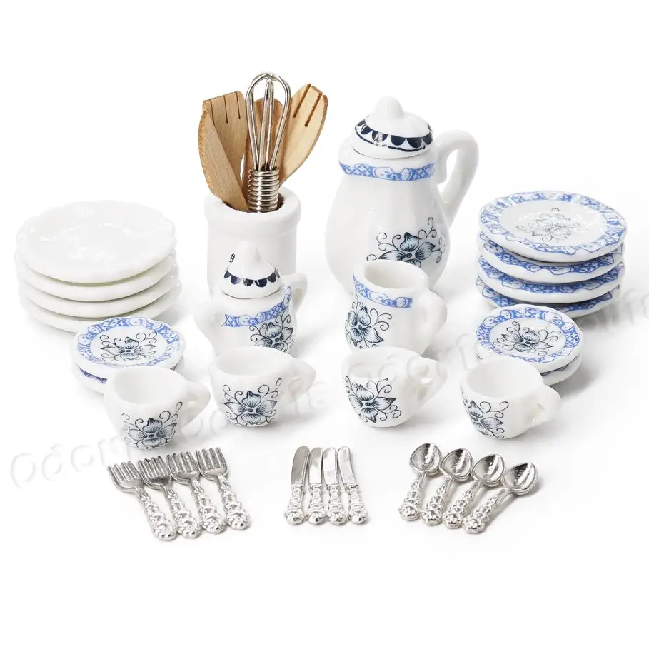 Odoria-Service de tasses à thé en porcelaine avec pétales bleus miniatures, assiettes, couverts, ustensiles de cuisson, maison de courses, accessoires de cuisine, britware, 1:12