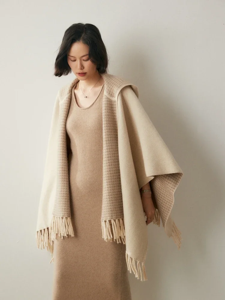 Women 100% Cashmere Sweater Tassel Poncho Shawl Thick Soft Coat Cashmere Knit Wrap Autumn Winter Jacquard Cashmere Luxury Tops