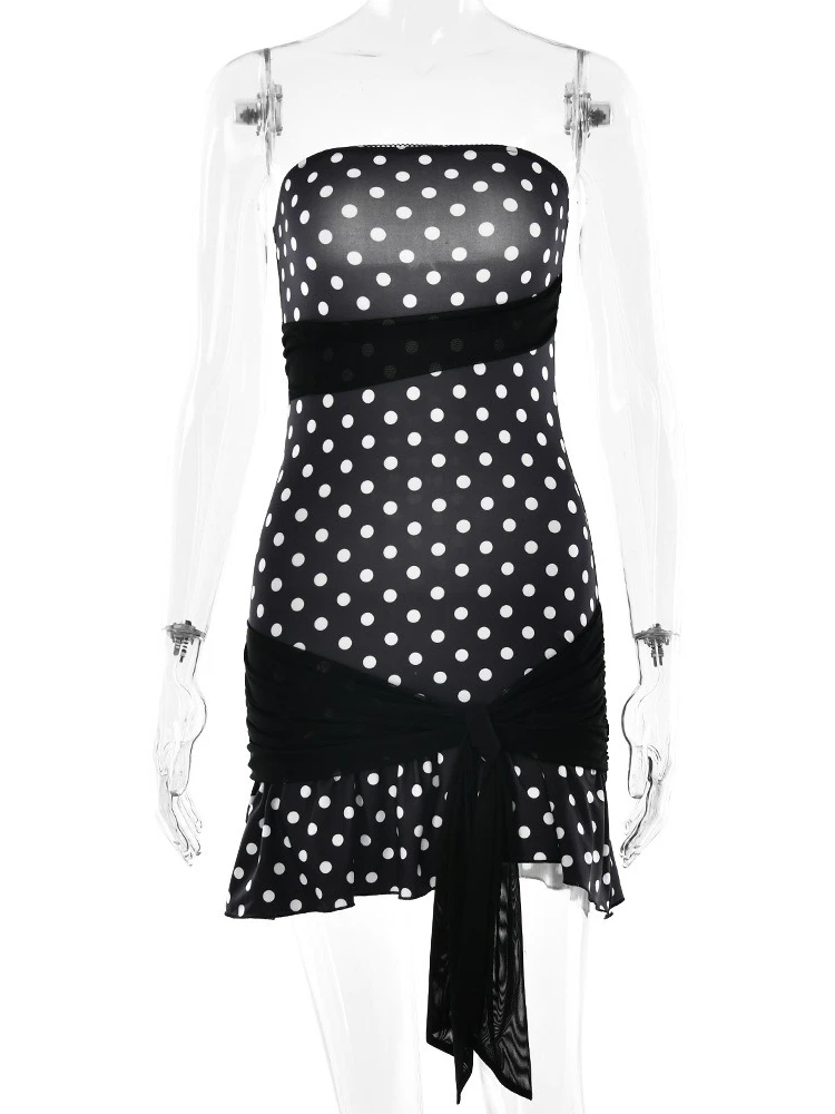 Femme vêtements sans bretelles pansement à pois robe portefeuille Streetwear Sexy épaules nues dos nu moulante Mini fête Club robes noir