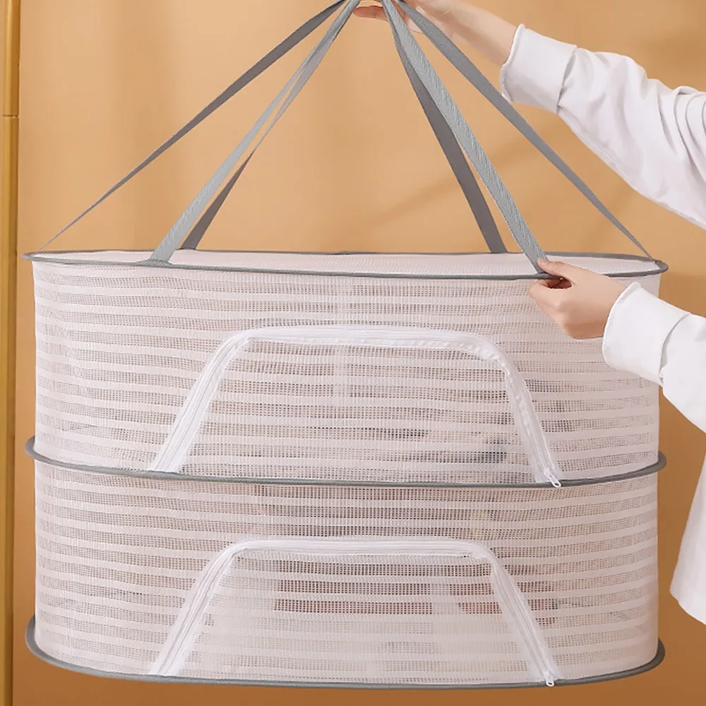 Portable Two Layer Hanging Drying Rack Zipper Closure Breathable Mesh Mesh Drying Basket Food Mesh Dryer For Fruits