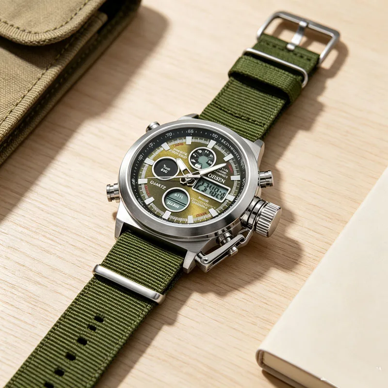 OHSEN Fashion Green Canvas Watches Men Sports Watches 30M Waterproof Quartz Casual Wristwatches Men Relogio Masculino