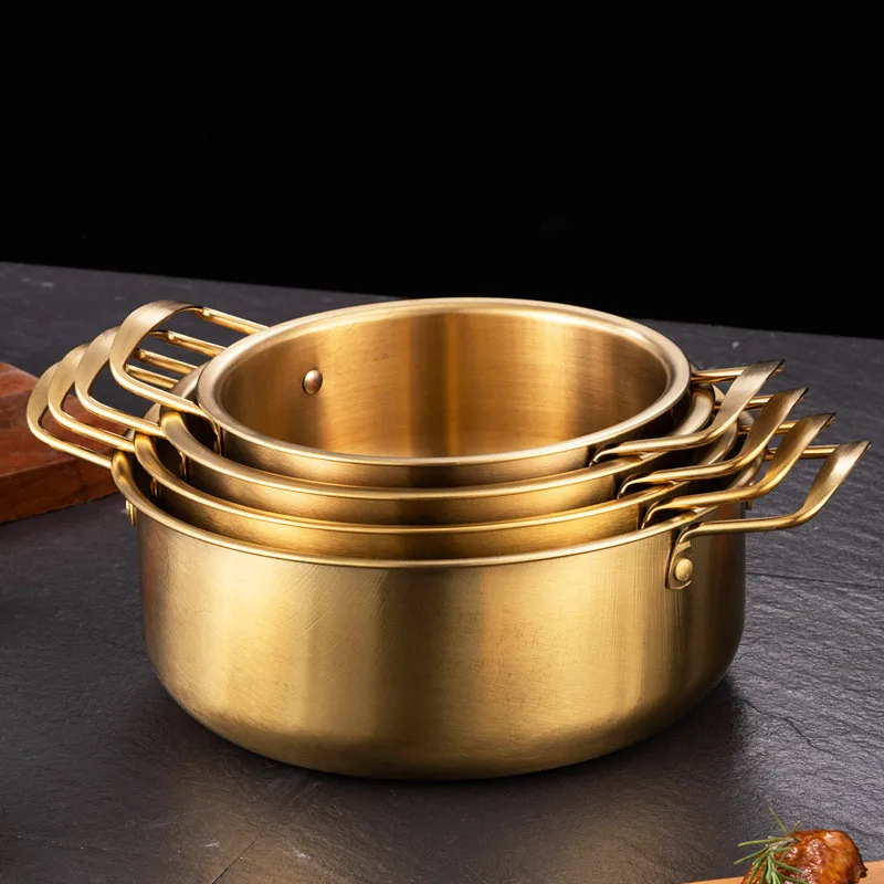 Korean Stainless Steel Instant Ramen Pot with Cover Golden Cookware Double Ears Cooking Pans Camping Noodles Pot Saucepan