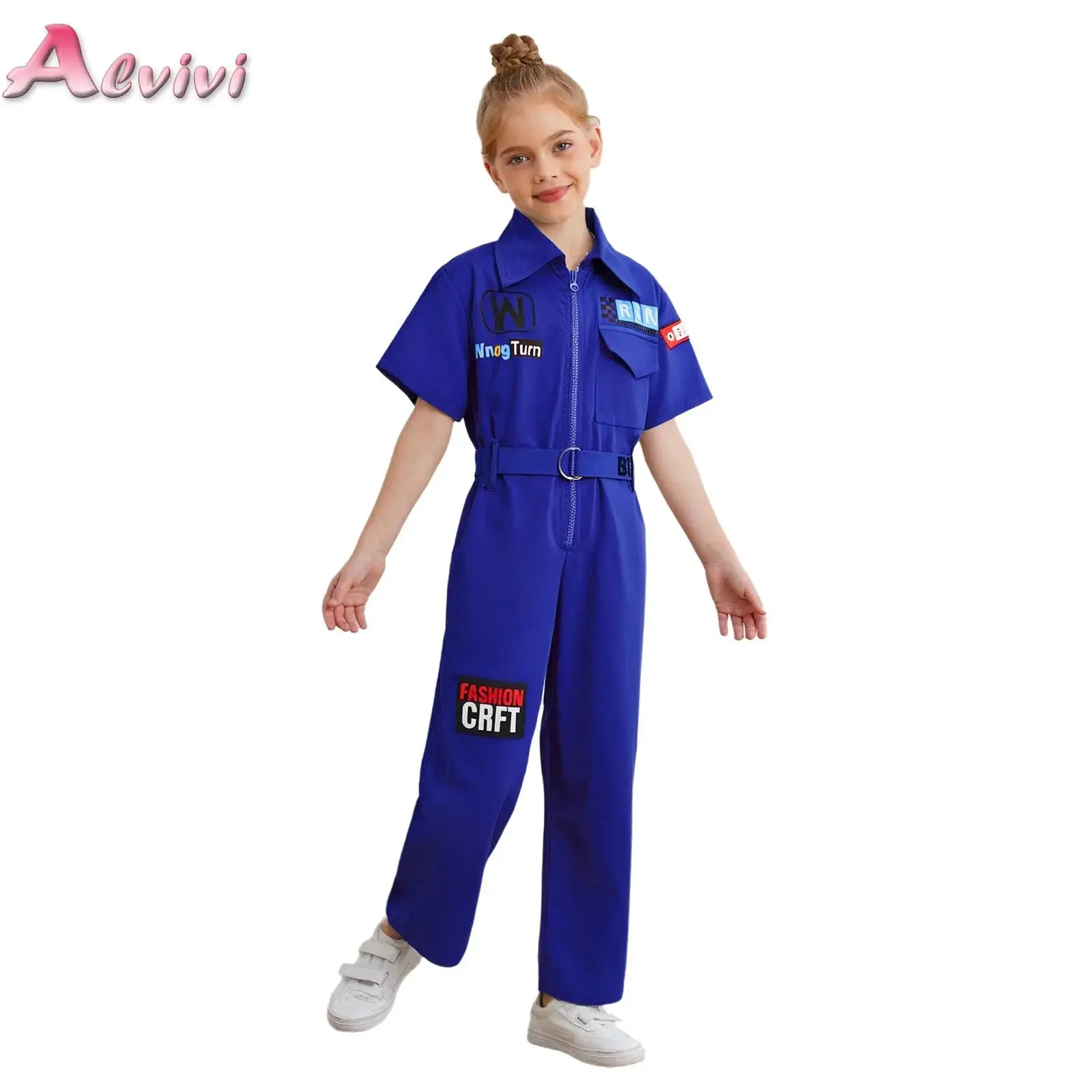 

Kids Boys Girls Hip-Hop Street Dance Outfit Fashion Letter Printed Jumpsuit Workwear Short Sleeve Front Zipper Coveralls+Belt